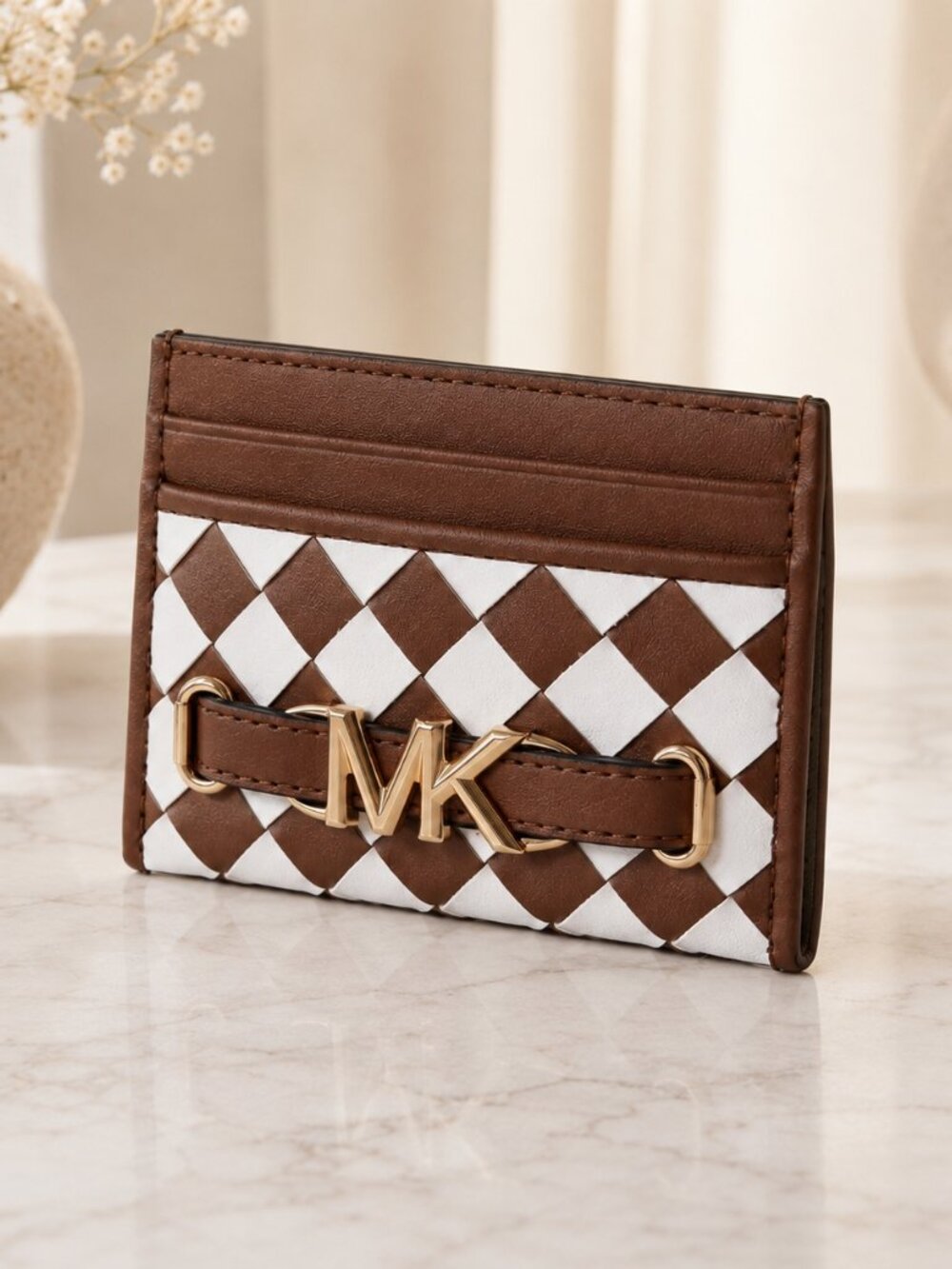 Michael Kors Reed Large Woven MK Logo Card Holder Brown White NWT